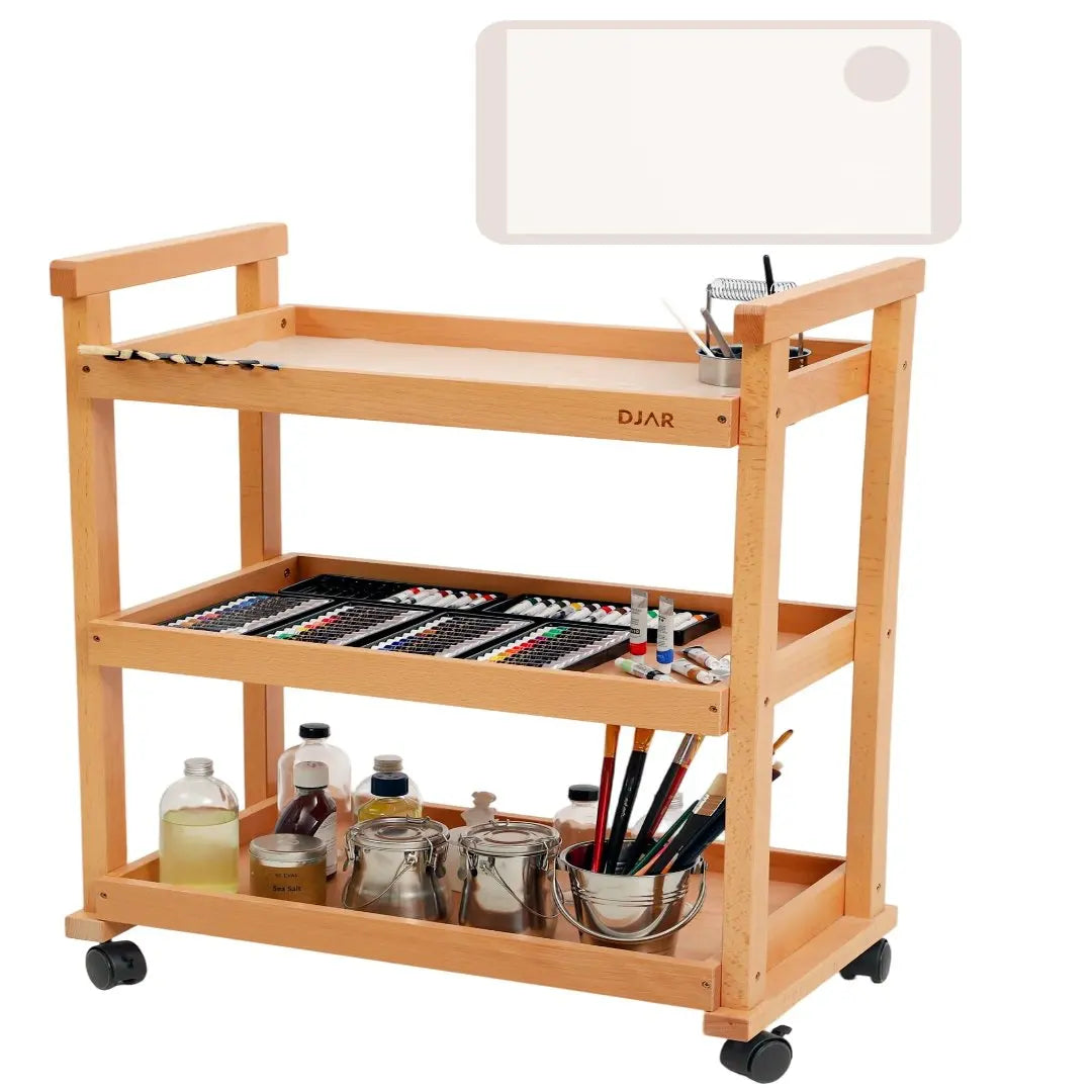 DJAR 3-Tier Rolling Art Supplies Cart for Artists, Silicone Pad, Natural