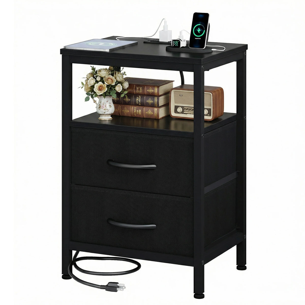 JHK Nightstand With Fabric Drawers Open Shelf USB Charging Station