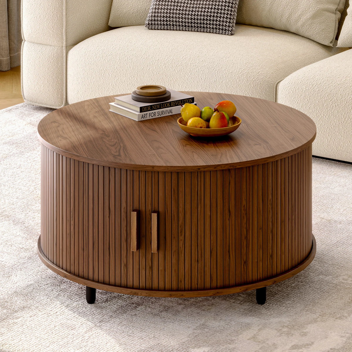 Round Coffee Table with Storage,31.5" Modern Coffee Table with 360° Curved Sliding Door,Fluted Wood Accent Coffee Tablee