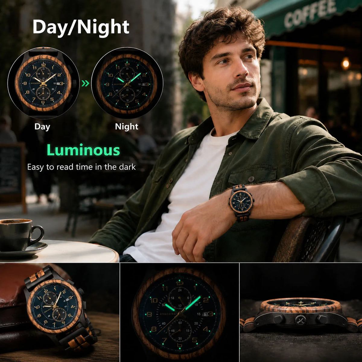 BOBO BIRD Men’s Wooden Chronograph Watch Luminous Hands, Handcrafted Chronograph Wrist Watch with Gift Box Adjustable Wooden Strap Perfect Gift for Anniversary Birthday