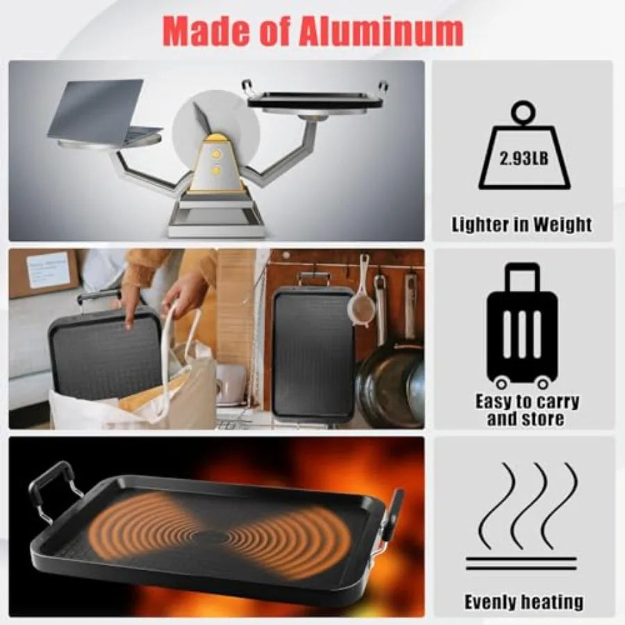 Stove Top Flat Griddle, 2 Burner Griddle Pan for Stove Top Grill, Alumum Pancake pan, Non-Stick Charcoal Grill For Outdoor/Camp