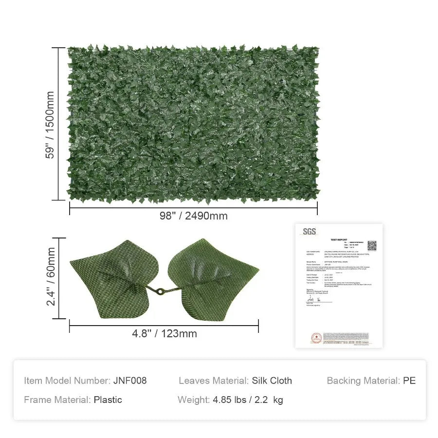 Ivy Privacy Fence 59 x 98 in Artificial Green Wall Screen Greenery Ivy Fence with Mesh Cloth Backing and Strengthened Joint Fau