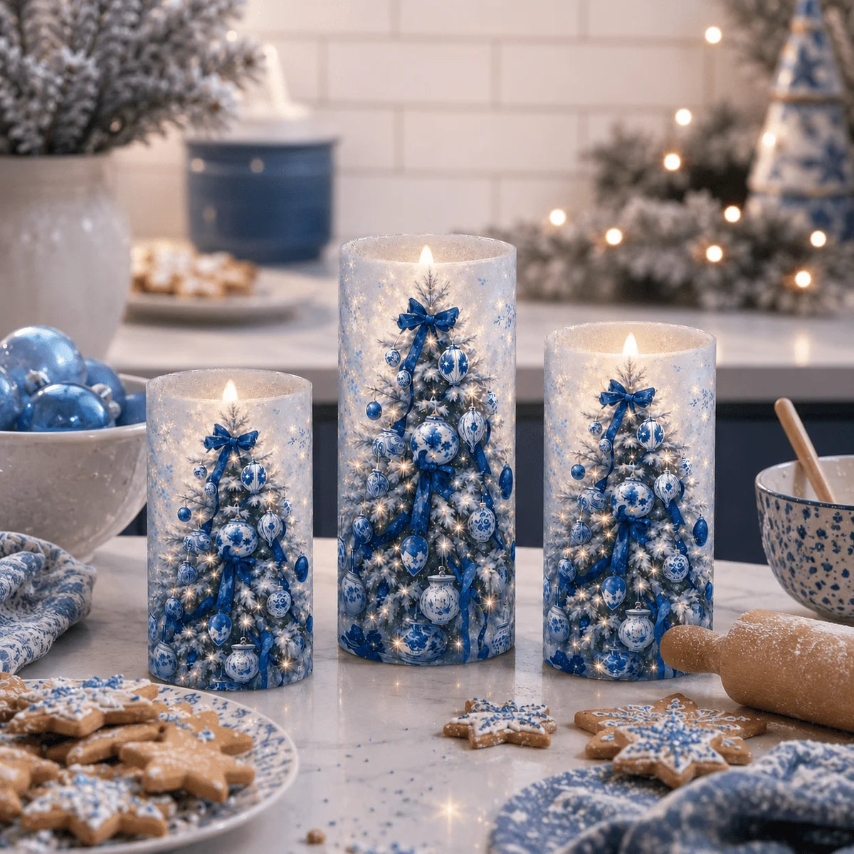 Christmas Flameless Candles With Snowy Tree Pattern Holiday Decor
