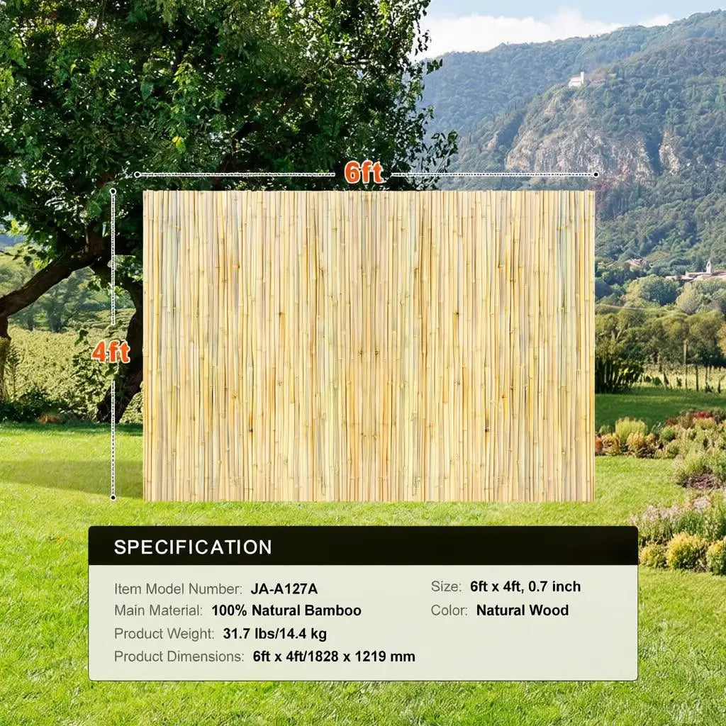 Bamboo Paneling 4 ft H x 6 ft L x 0.75 in D For Garden Backyard Patio, Privacy Screen Natural Decorative Fencing Boundary Partition Rolled Wood Texture Outdoor Space Divider Indoor Wall Decoration Individual Stalks Constructi