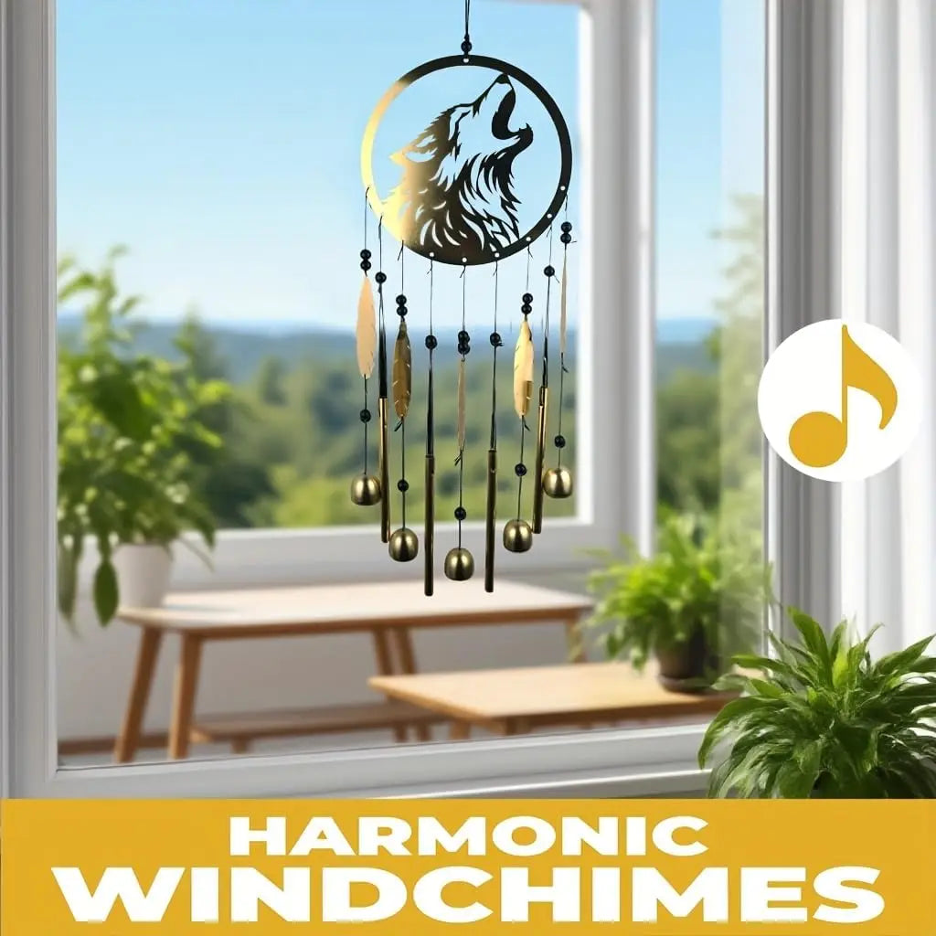 Wolf Dream Catcher Wind Chimes for Outside, Gold Metal Howling Wolf Windchimes with Bells & Feathers, Gift for Wolf Lovers Chimes Wolves