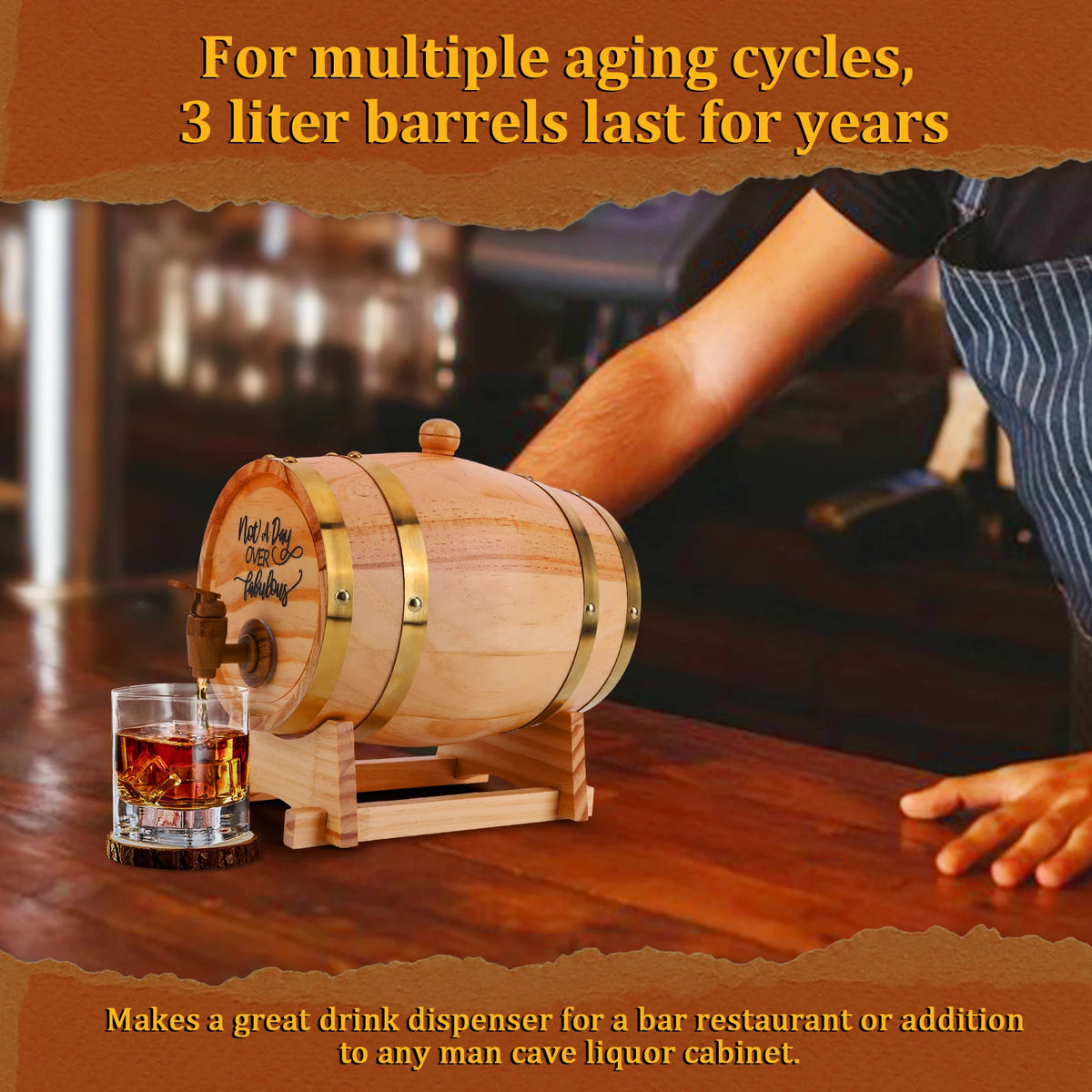 3L Engraved Whiskey Barrel with Stand Bung and Spigot Wooden Whiskey Barrel Wine Barrel for Cocktails Bourbon Rum Tequila Beer