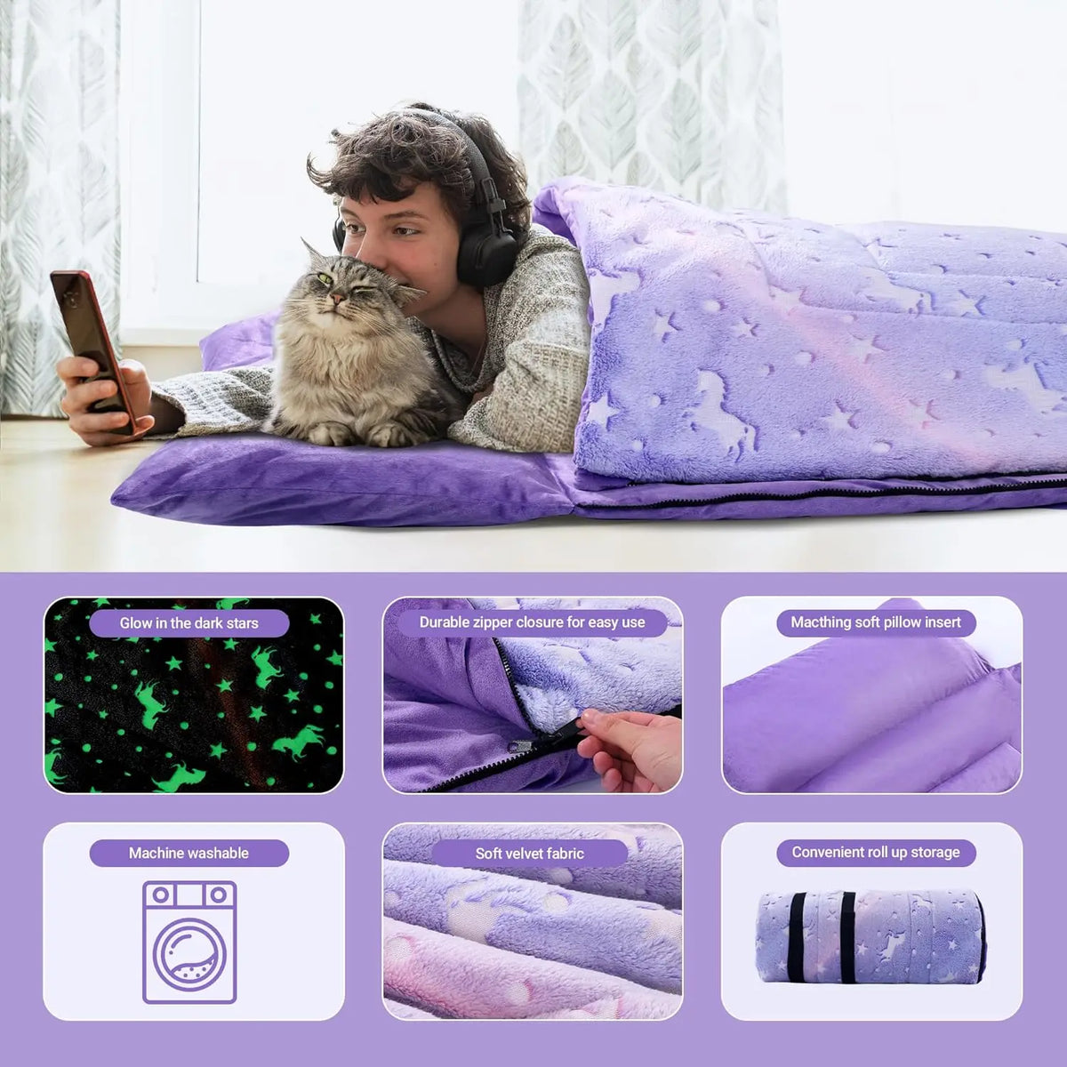 Glow In The Dark Kids Sleeping Bag With Soft Pillow