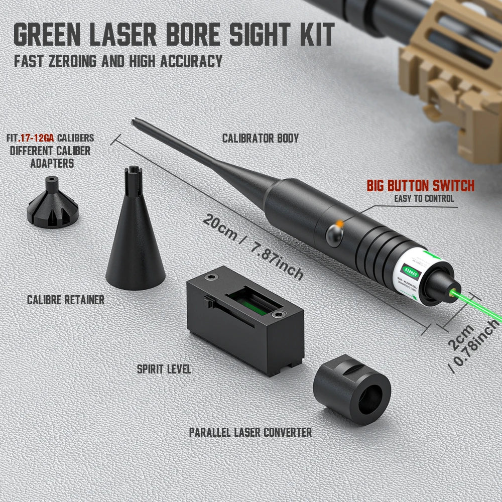 Universal Laser Boresighter Kit: Green Laser, 32 Adapters, Anti-Cant Level & Parallel Calibration for .17 to 12GA.