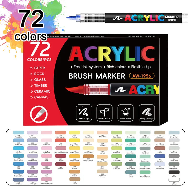 72 Pcs Acrylic Paint Brush Markers Premium Style Free‑ink System Rich Pigment Permanent Markers for Hobbyists Multi‑Surface Drawing Craft Decoration Supplies
