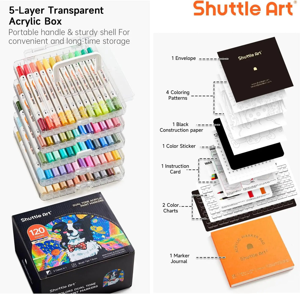 Shuttle Art 120 Colors Dual Tone Acrylic Paint Markers, 60 Pack Acrylic Paint Pens Set for Rock Painting, Ceramic, Wood, Canvas, Glass, Stone, Fabric, Card Making, DIY Football Crafts, FlipFunAlong