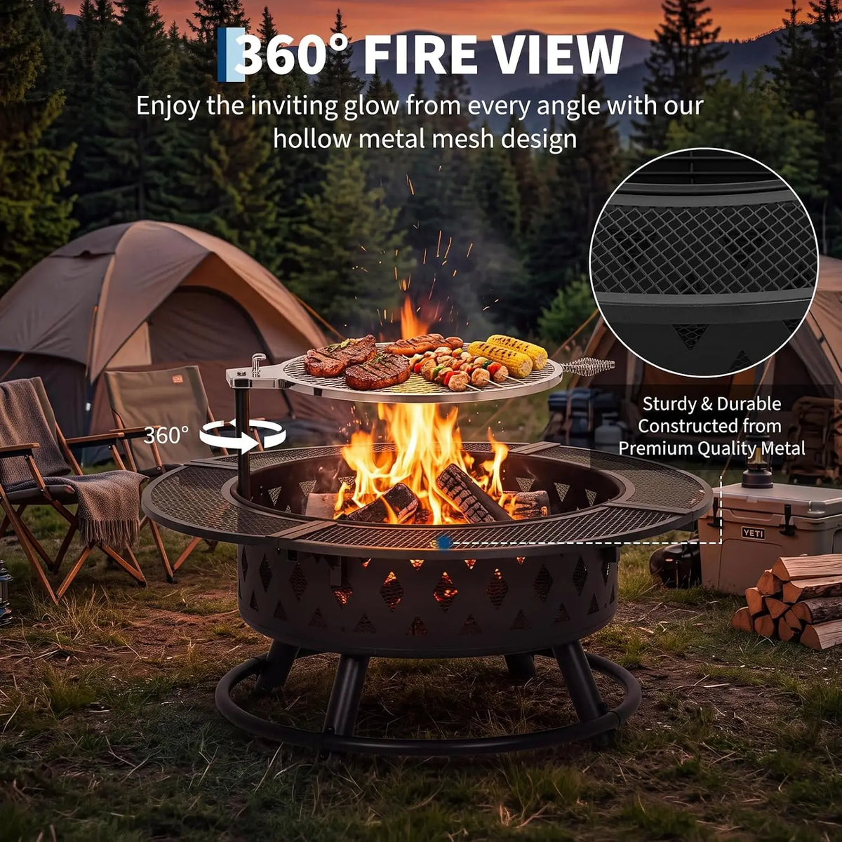 Tacleekii 39 Inch Fire Pit with Grill, Wood Burning for Outside Fireplace Round Metal Firepit Table 3 in 1 Use for Patio, Picnic, Party,BBQ, Backyard,Camping