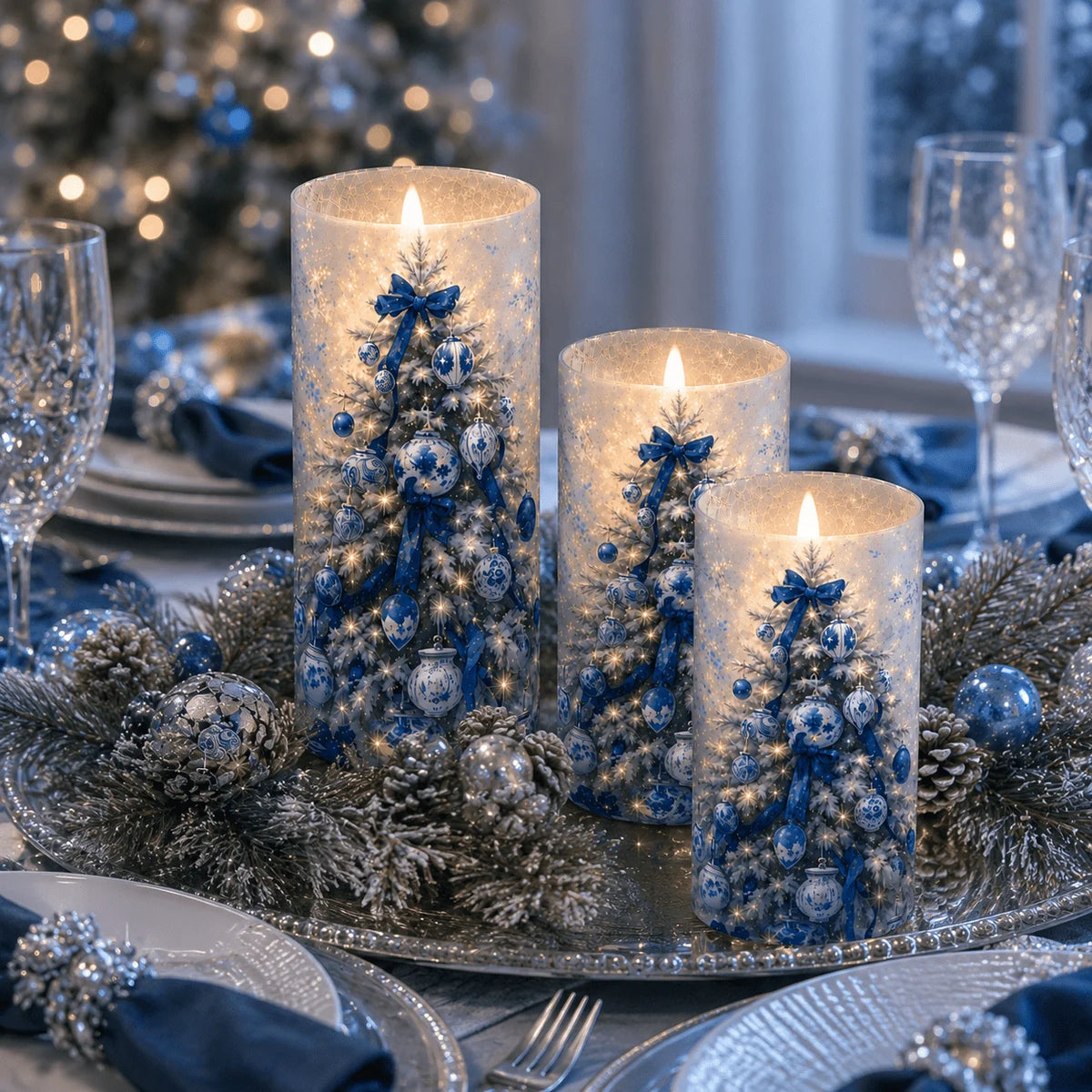 Christmas Flameless Candles With Snowy Tree Pattern Holiday Decor