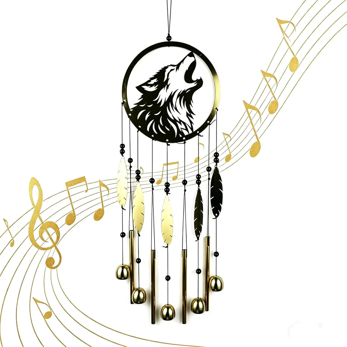 Wolf Dream Catcher Wind Chimes for Outside, Gold Metal Howling Wolf Windchimes with Bells & Feathers, Gift for Wolf Lovers Chimes Wolves