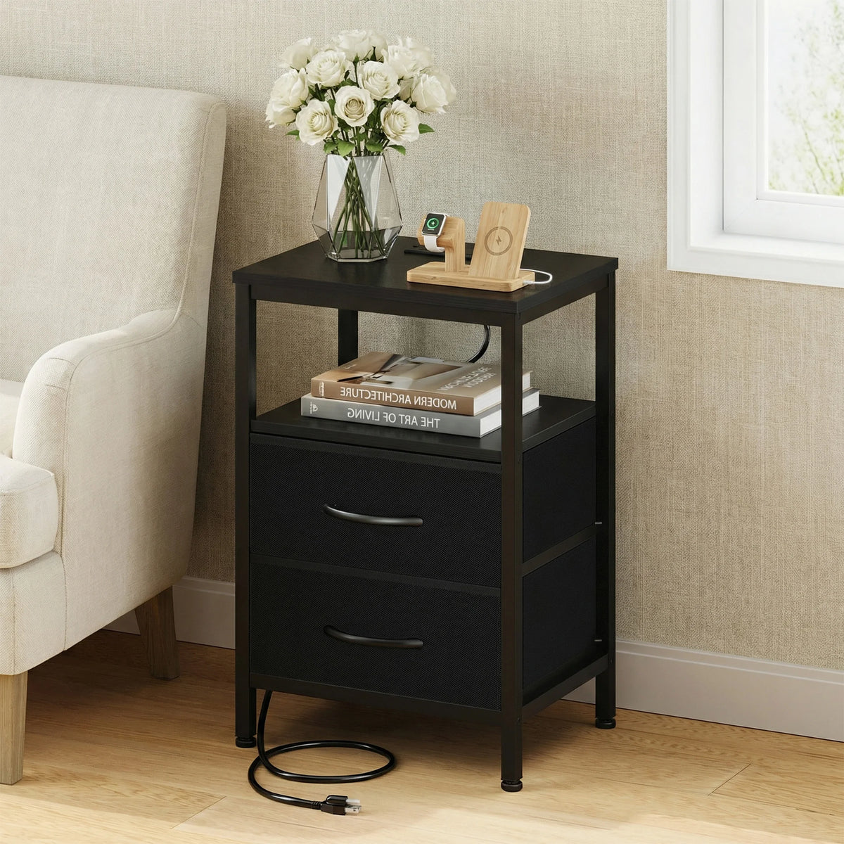 JHK Nightstand With Fabric Drawers Open Shelf USB Charging Station
