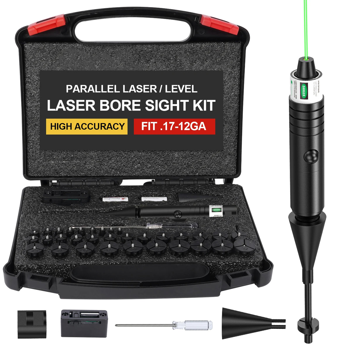 Universal Laser Boresighter Kit: Green Laser, 32 Adapters, Anti-Cant Level & Parallel Calibration for .17 to 12GA.