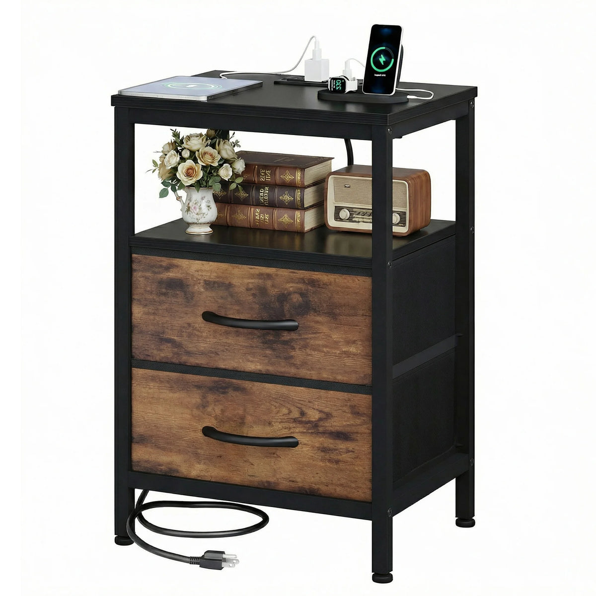 JHK Nightstand With Fabric Drawers Open Shelf USB Charging Station