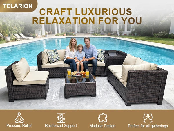 Cozy Modular Corner Outdoor Sofa Collection, PE Rattan Wicker Patio Furniture With Practical Storage Boxes, Soft Plush Cushions, Sturdy Steel Frame, All‑Weather Backyard Lounge Seating Group, 8‑Pieces For Terrace, Porch,