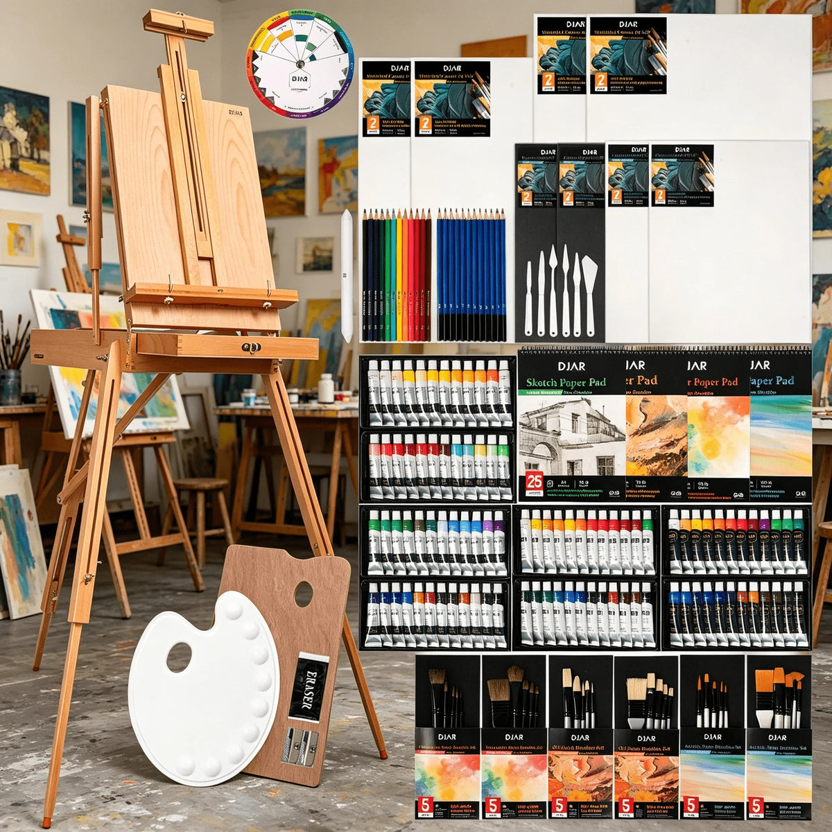 DJAR 169-Piece Wooden French Easel Art Painting Kit for Adults