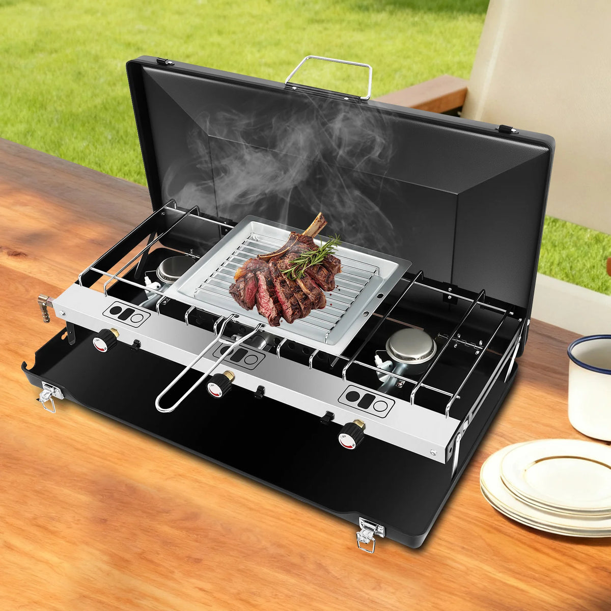 Foldable Three Burner Camping Stove With Piezo Ignition And Windscreen Lid
