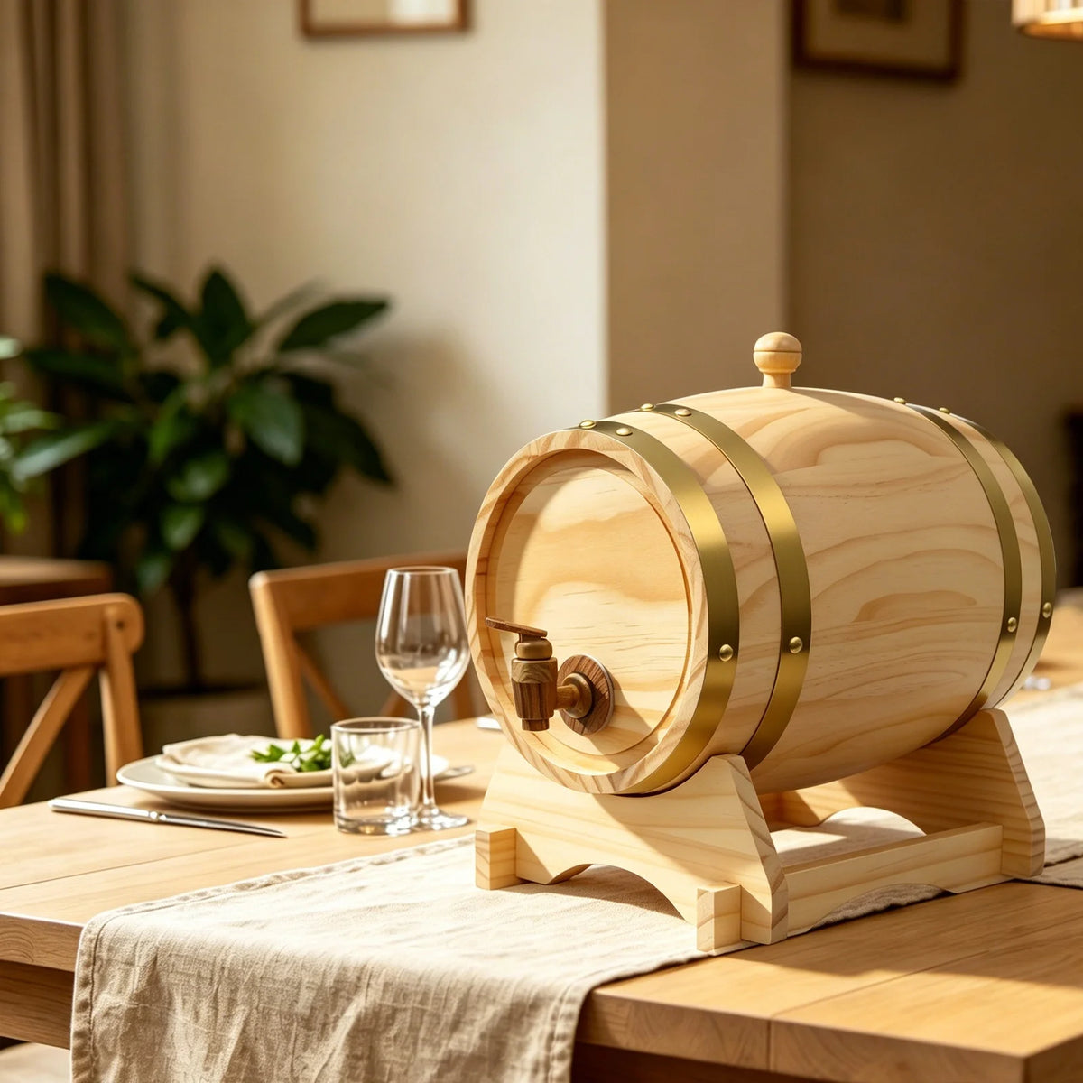 Wine Barrel Wine Barrel with Stand Wood Barrel for Whiskey and Wine 1.32 Gallon Pine Wood Wine Dispenser Barrel Oval Log Grain With Stable Stand Metal Hoop Spigot Faucet Easy Clean For Home Bar Party Wedding Housewarming Gift