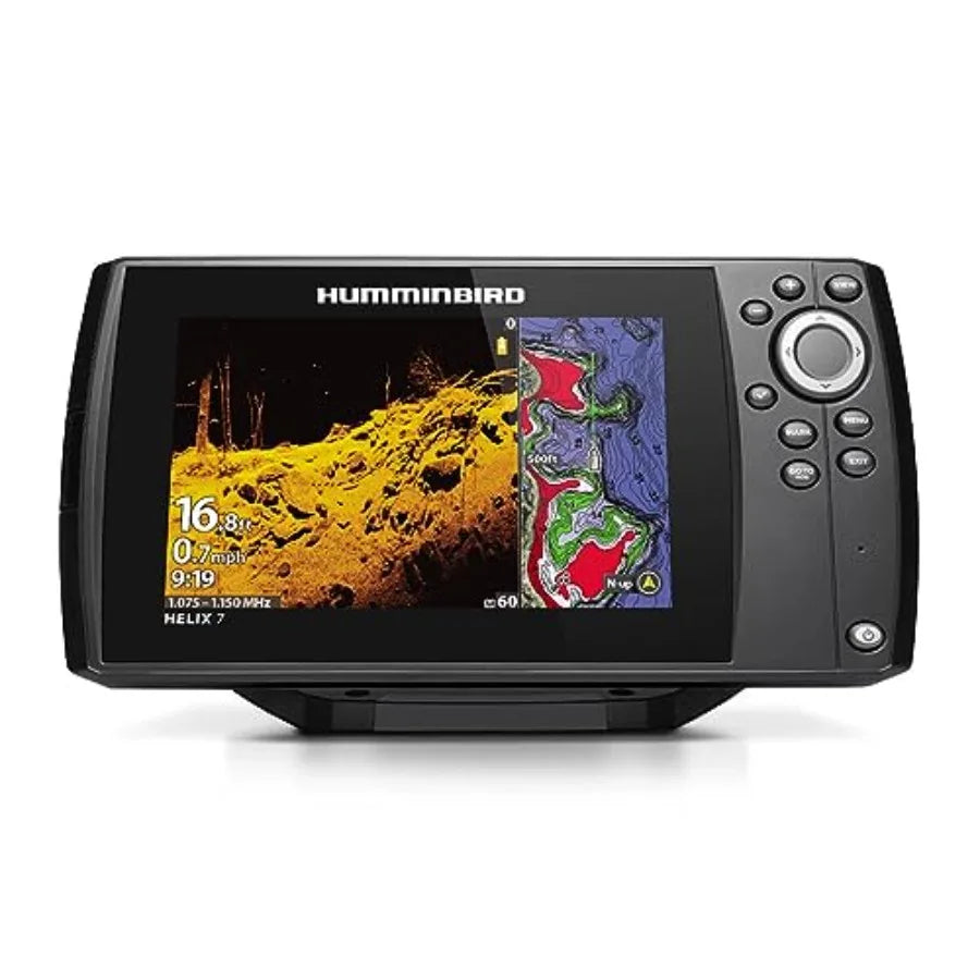 Helix 7 Chirp MDI GPS G4 Fish Finder for marine navigation, rugged plastic housing, black-gray finish, high-resolution sonar wi