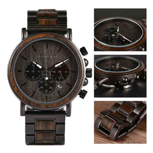 Emibele Wooden Watch for Men, Date Display Chronograph Quartz Wrist Watch, 3 Sub-dials Handmade Light Weight Luminous Watch