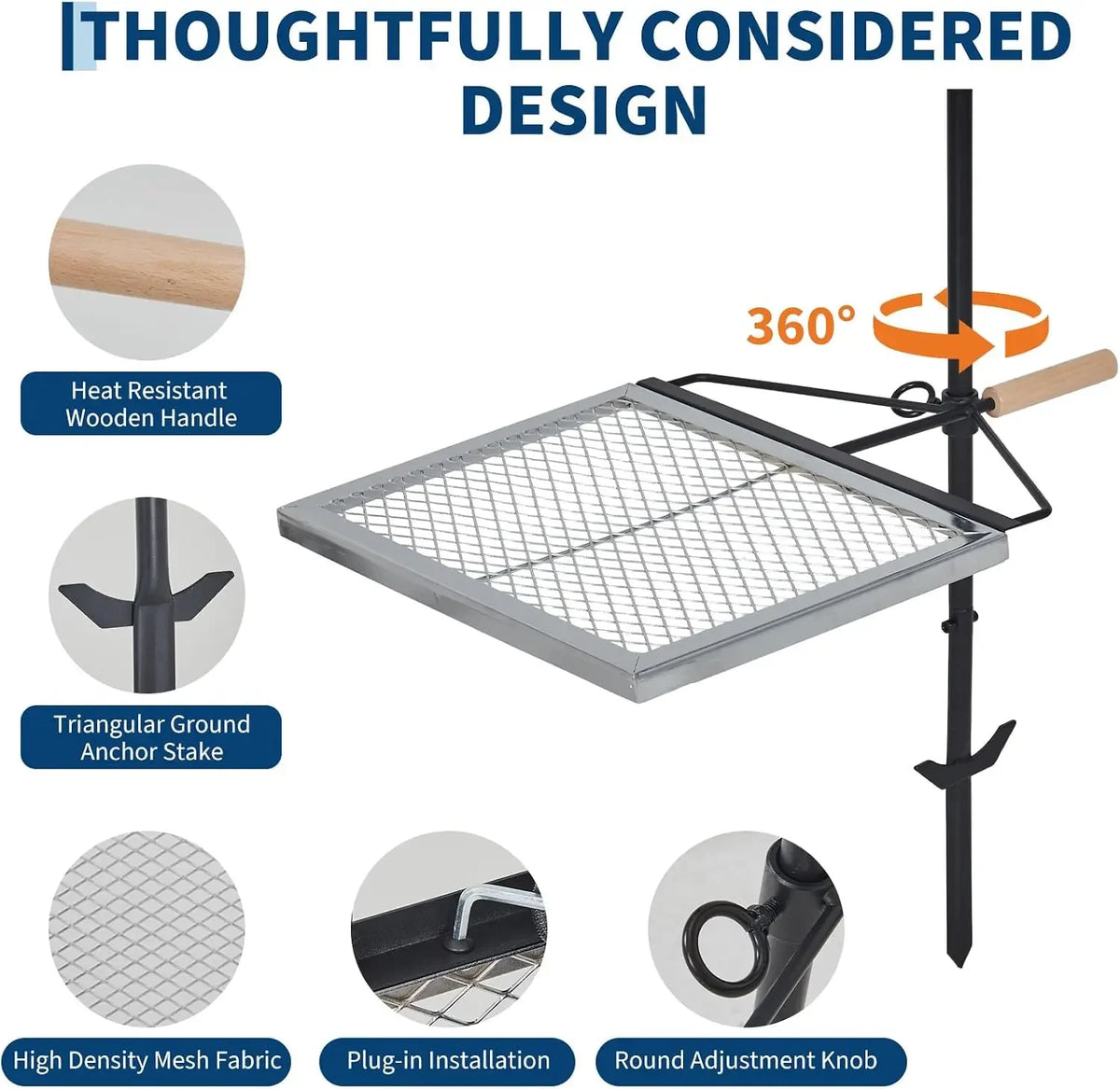 Tacleekii Swivel Campfire Grill With Adjustable Diamond Mesh Grate