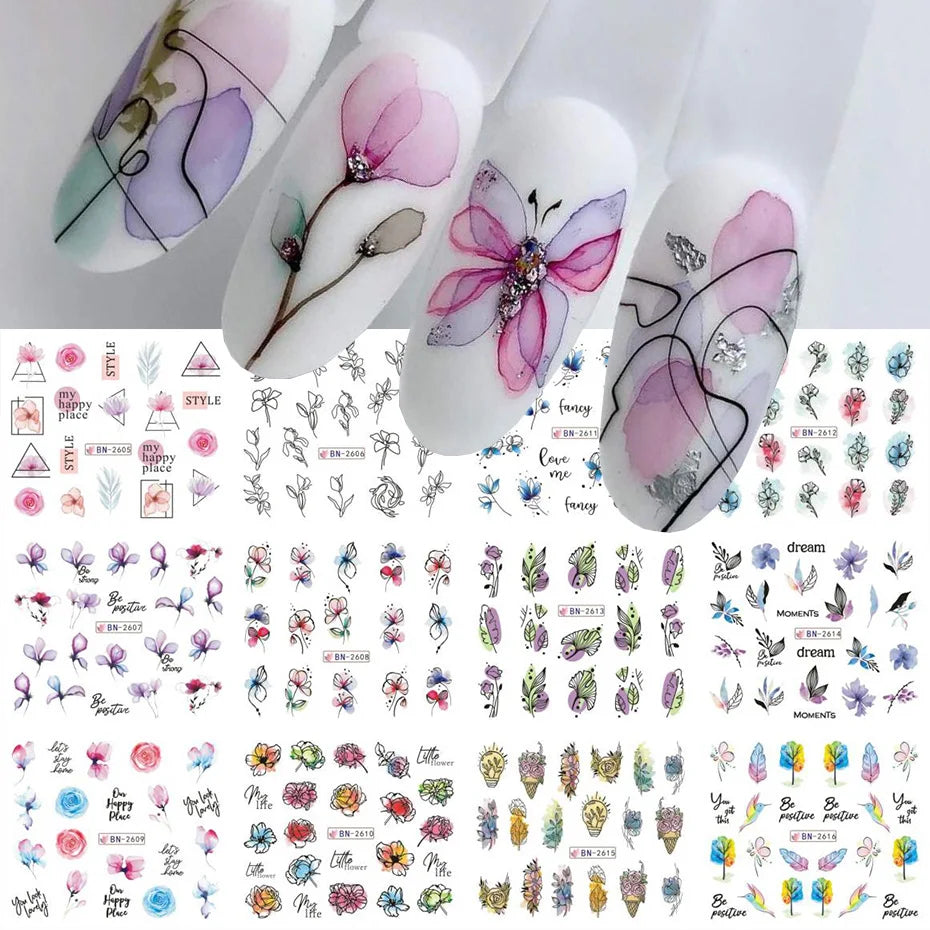 Ink Flower Nail Art Stickers With Blooming Floral Decal Designs