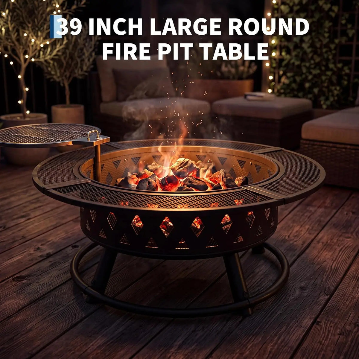 Tacleekii 39 Inch Fire Pit with Grill, Wood Burning for Outside Fireplace Round Metal Firepit Table 3 in 1 Use for Patio, Picnic, Party,BBQ, Backyard,Camping