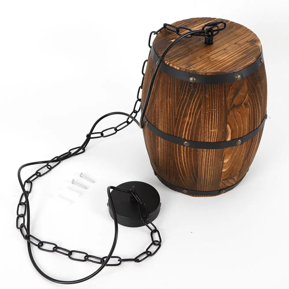 Vintage Wooden Wine Barrel Pendant Ceiling Lamp For Indoor Cafe