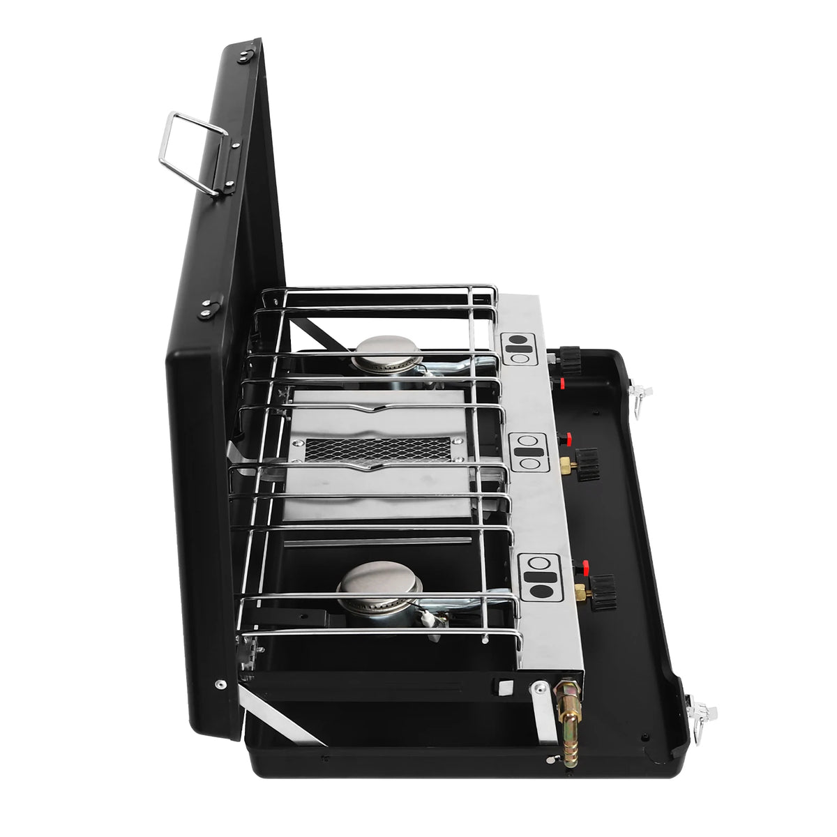 Foldable Three Burner Camping Stove With Piezo Ignition And Windscreen Lid