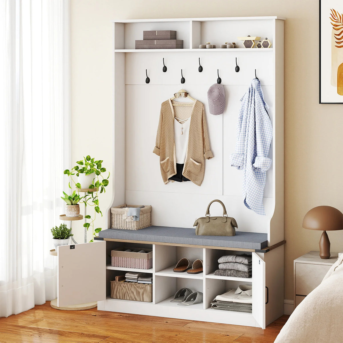 Homasis Four In One Wooden Hall Tree With Bench Storage