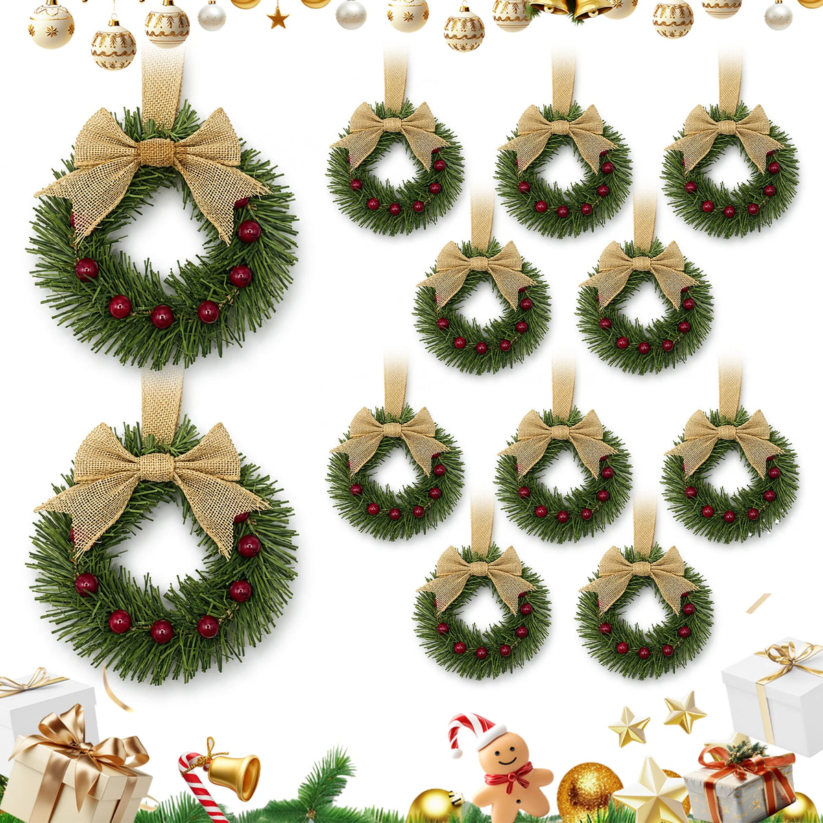 HiMISS Mini Christmas Wreaths With Bows For Cabinet Holiday Decor