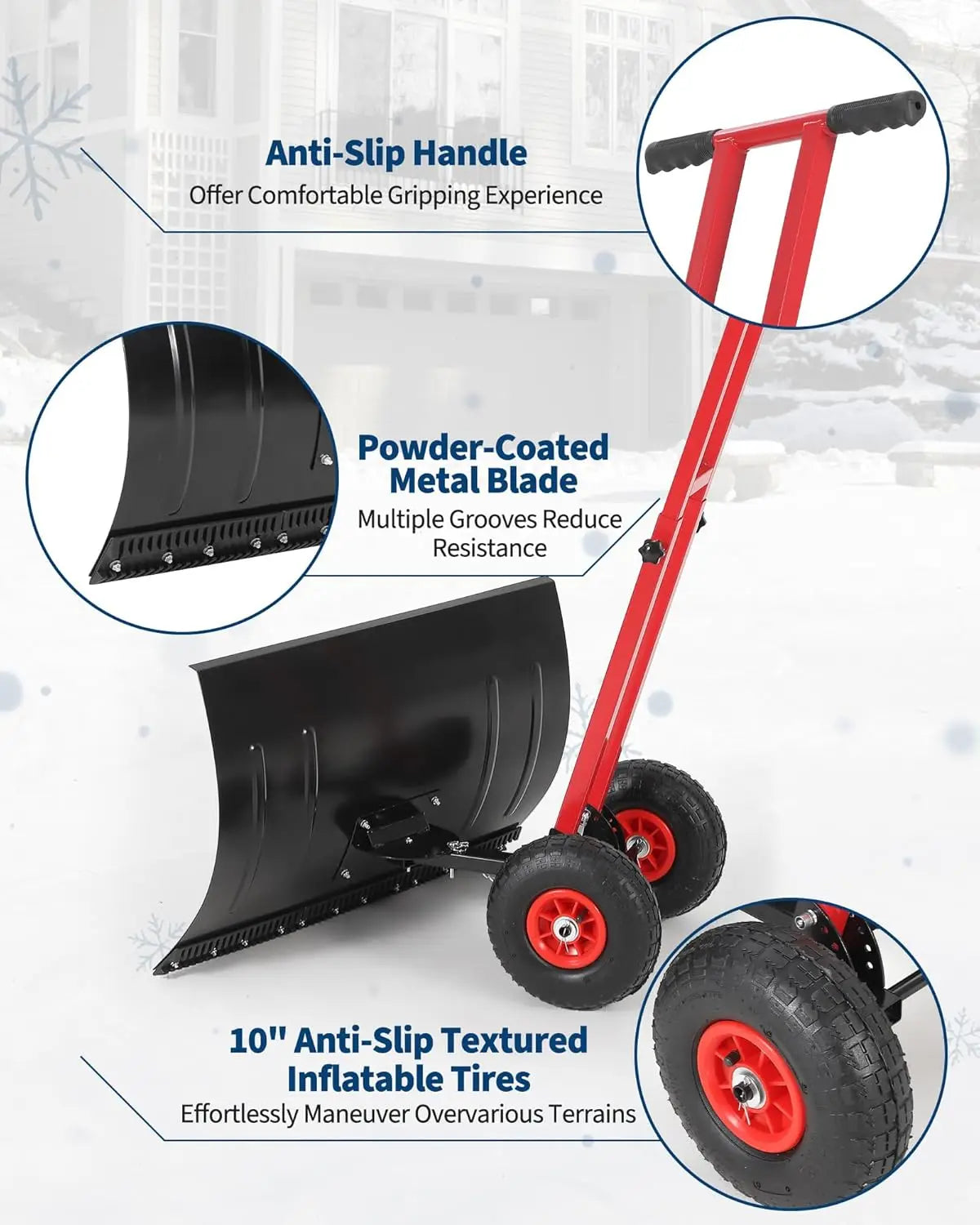 HiMISS Heavy Duty Wheeled Snow Shovel With Adjustable Handle
