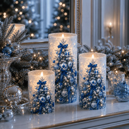 Christmas Flameless Candles With Snowy Tree Pattern Holiday Decor