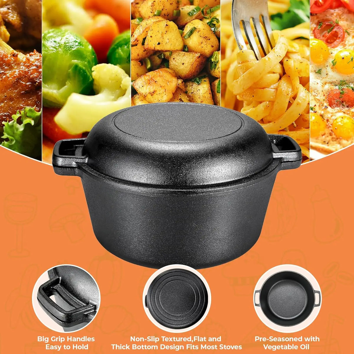 Pre-Seasoned Cast Iron Double Dutch Oven With Loop Handles