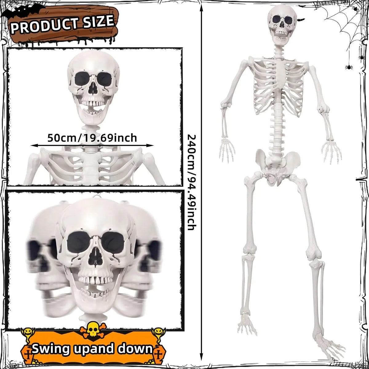 Halloween Skeleton Decoration, 7.9 Ft Plastic Skeleton with Movable Joints for Yard, Lawn, and Porch Decor