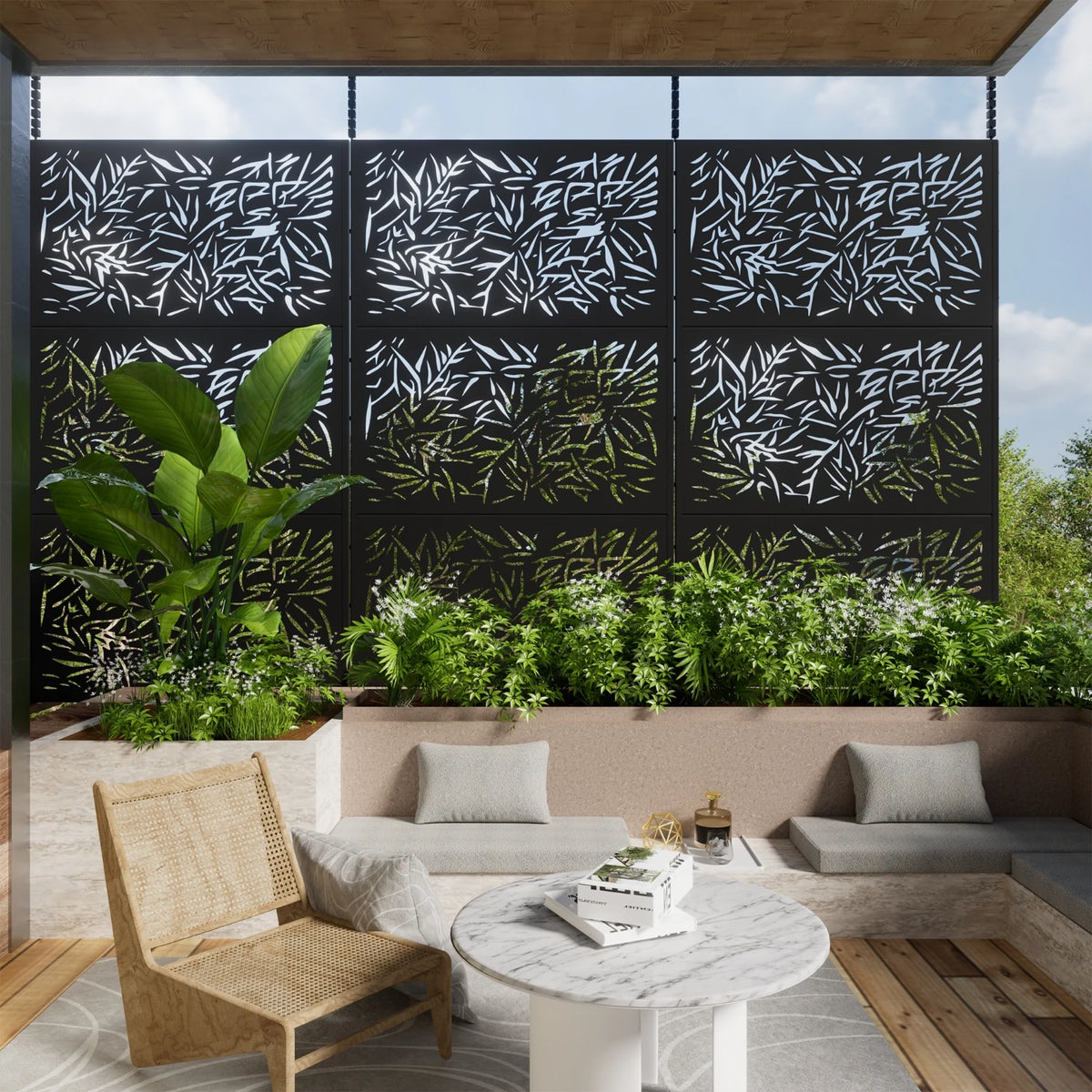 16 in. D x 47 in. W x 72 in. H Black Galvanized Steel Outdoor Privacy Screen Decorative Metal Fence Panel