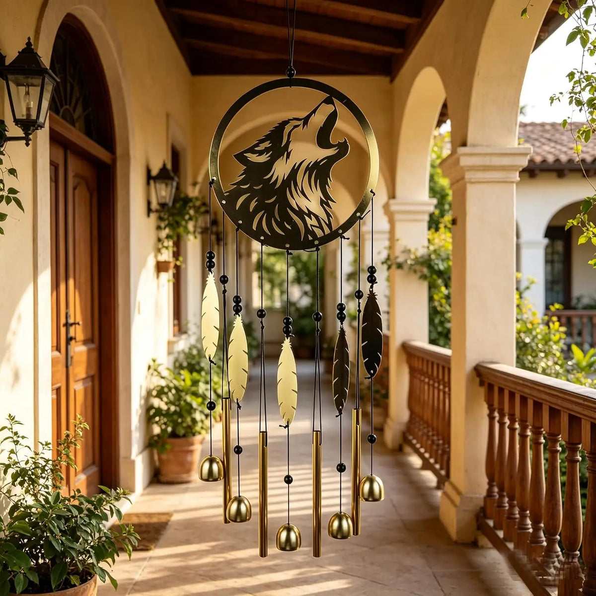 Wolf Dream Catcher Wind Chimes for Outside, Gold Metal Howling Wolf Windchimes with Bells & Feathers, Gift for Wolf Lovers Chimes Wolves