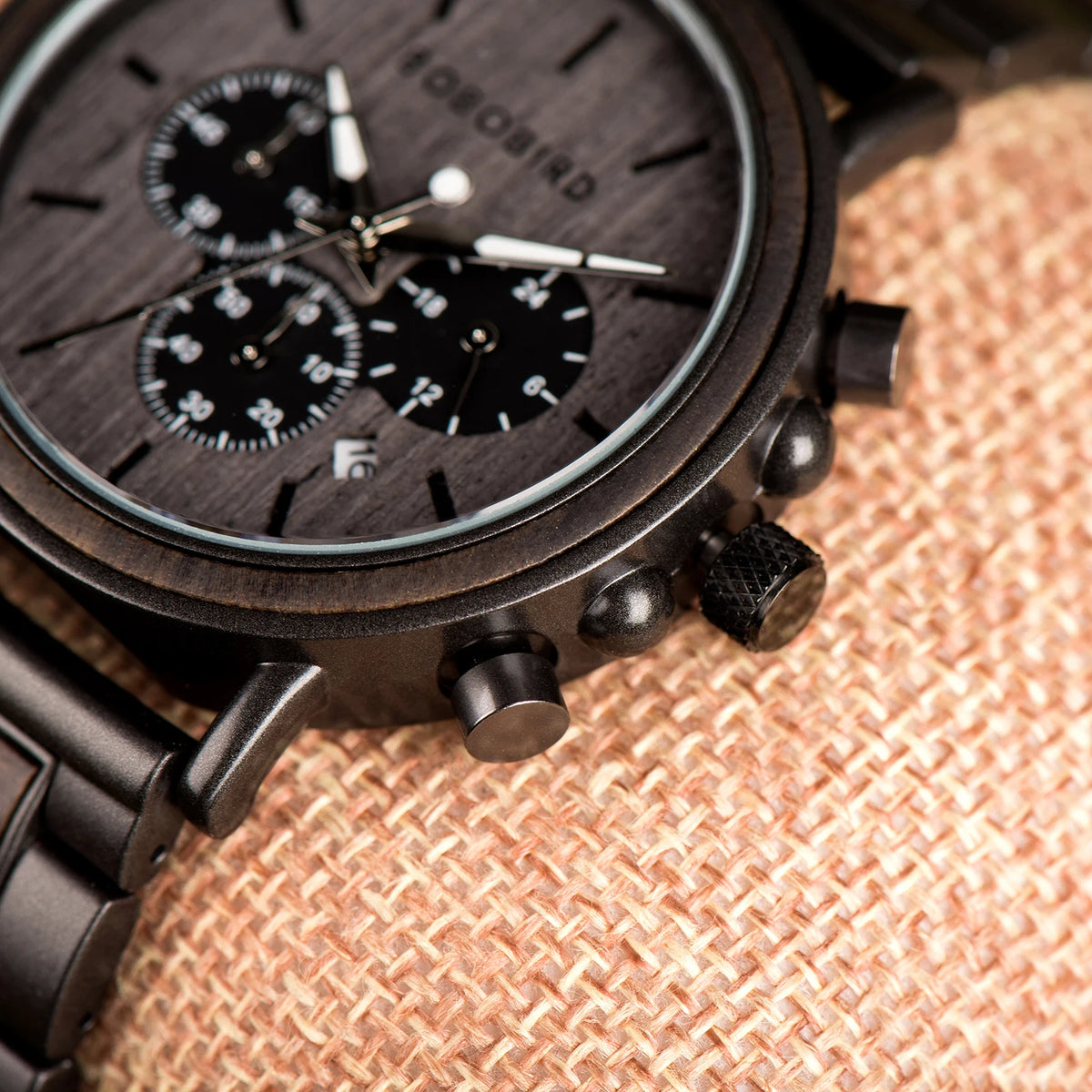 Emibele Wooden Watch for Men, Date Display Chronograph Quartz Wrist Watch, 3 Sub-dials Handmade Light Weight Luminous Watch