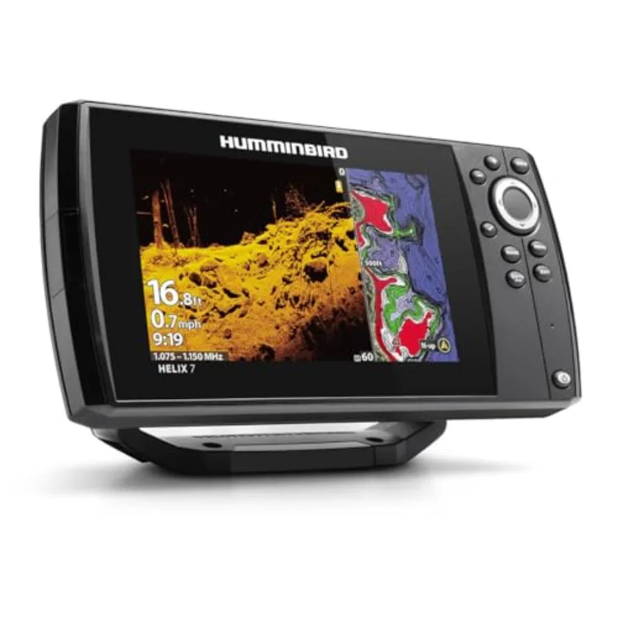 Helix 7 Chirp MDI GPS G4 Fish Finder for marine navigation, rugged plastic housing, black-gray finish, high-resolution sonar wi