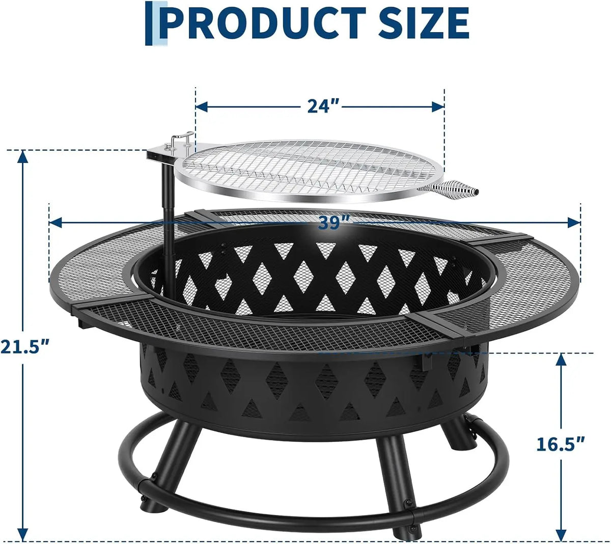 Tacleekii 39 Inch Fire Pit with Grill, Wood Burning for Outside Fireplace Round Metal Firepit Table 3 in 1 Use for Patio, Picnic, Party,BBQ, Backyard,Camping