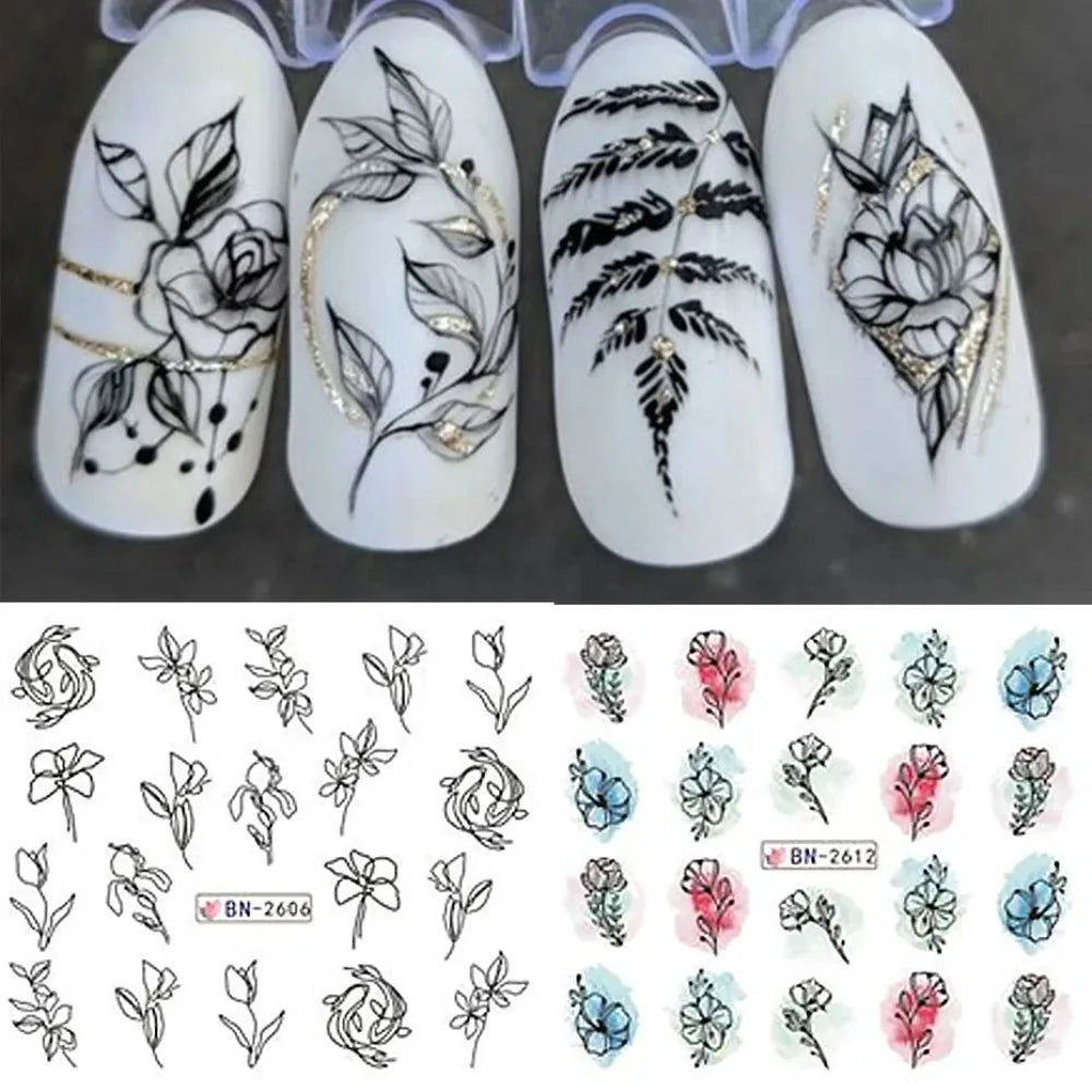Ink Flower Nail Art Stickers With Blooming Floral Decal Designs