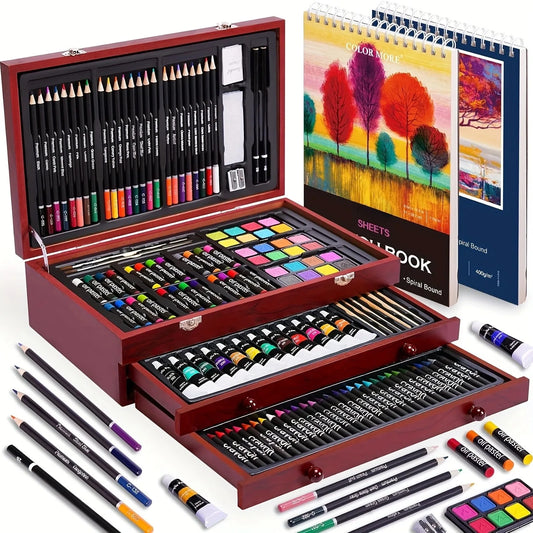 Professional 146 Piece Art Set With Crayons Oil Pastels Watercolors
