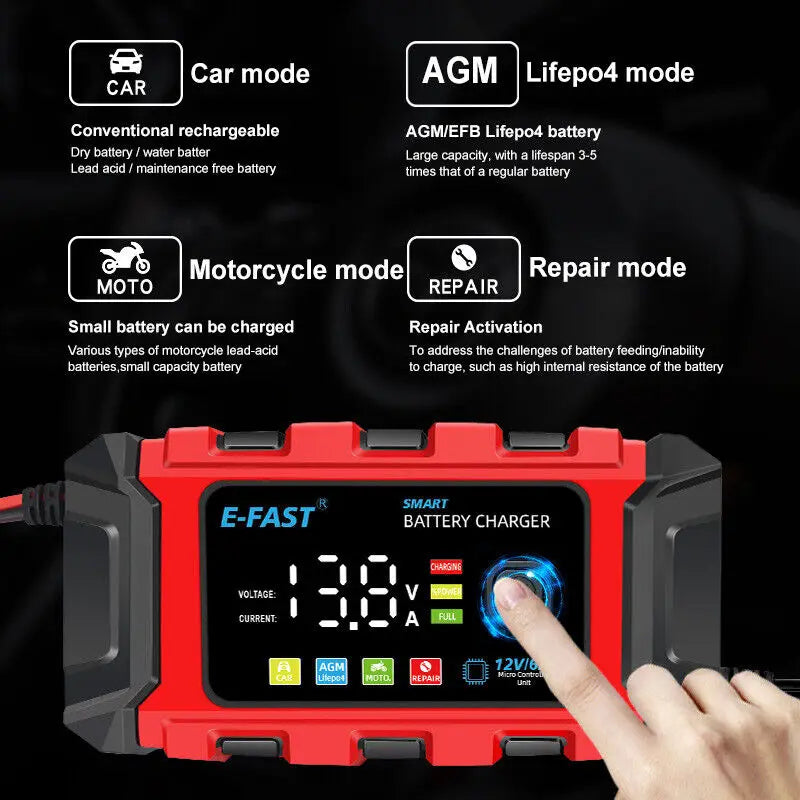 12V 6A Smart Battery Charger Trickle Maintainer for Auto Truck Lawn Mower Marine
