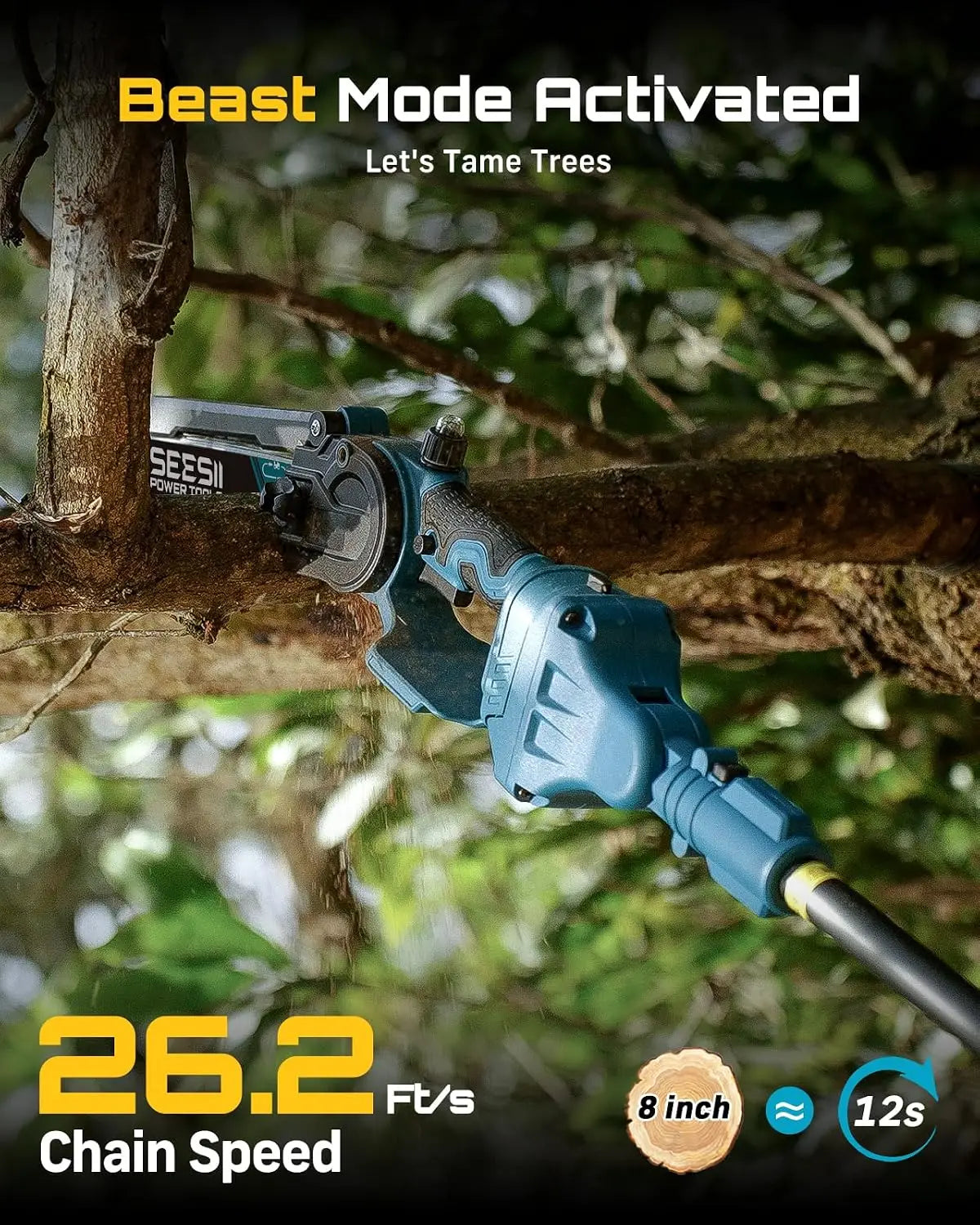 SEESII 8'' Brushless Polesaw Electric Chainsaw with 3M Extension Pole 2 in 1 High Branch Saw Cordless Chainsaw Tree Trimming Limb Cutter Pruner for Makita 18V Battery Pin