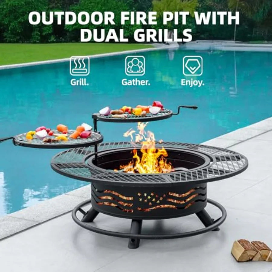 Stainless Steel Outdoor Fire Pit With Cooking Grates And Lid