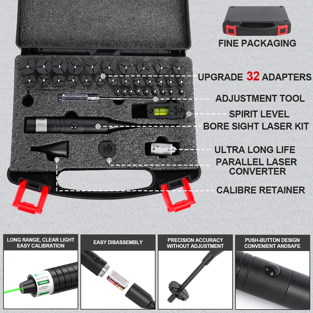 Universal Laser Boresighter Kit: Green Laser, 32 Adapters, Anti-Cant Level & Parallel Calibration for .17 to 12GA.