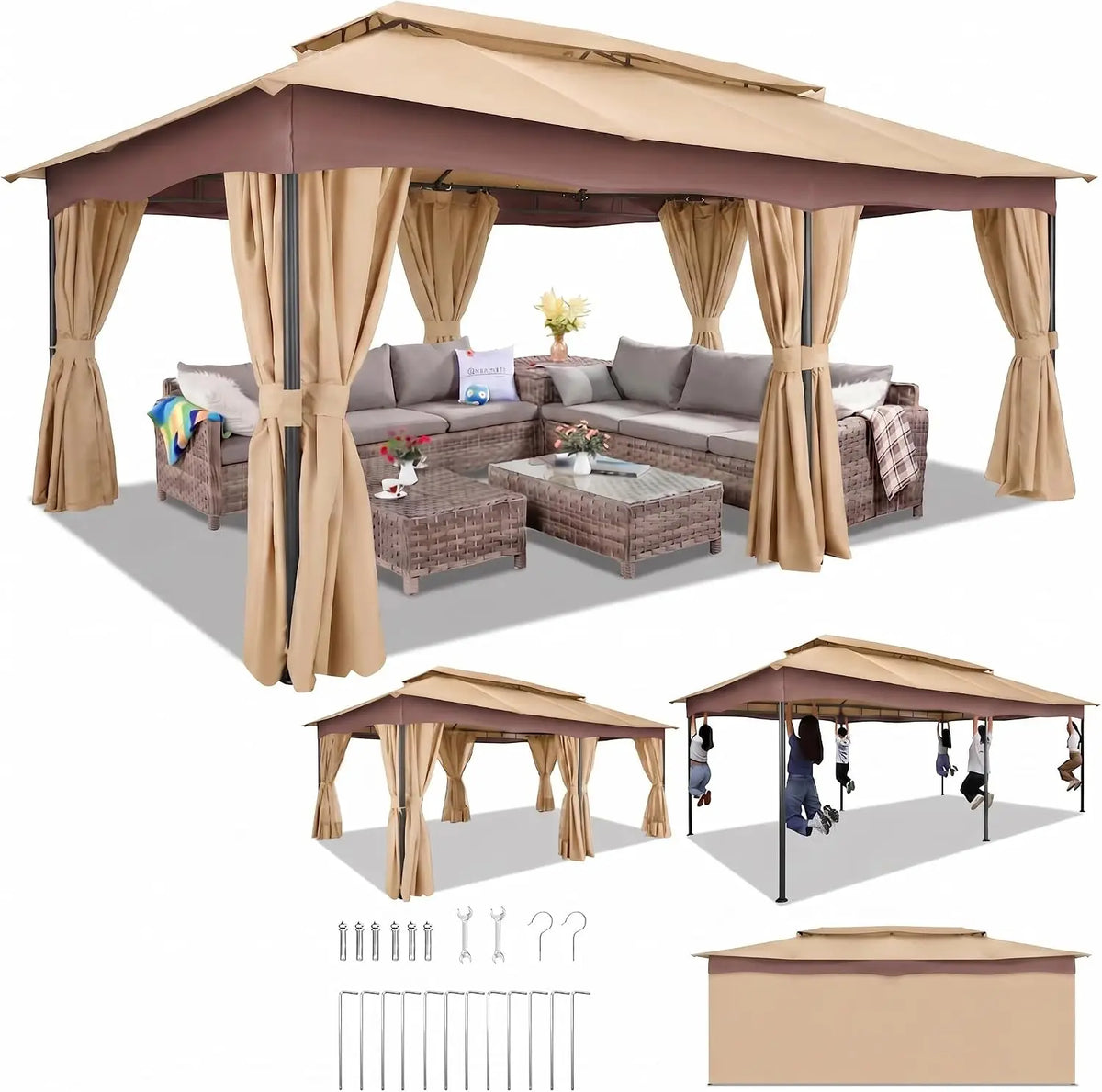 Tooluck Outdoor Gazebo With Curtains And Ventilated Double Roof