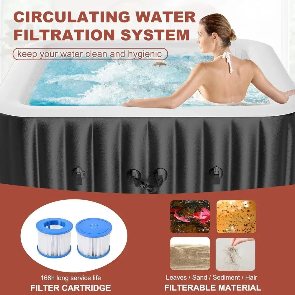 4-6 Person Square Inflatable Hot Tub,130 Bubble Jets & Full Set,Outdoor Portable Spa Bathtub, Custom